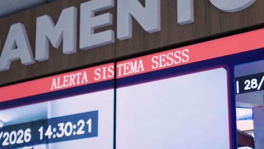 Videowall do Centro Integrado de Monitoramento exibindo um alerta do sistema com data e hora