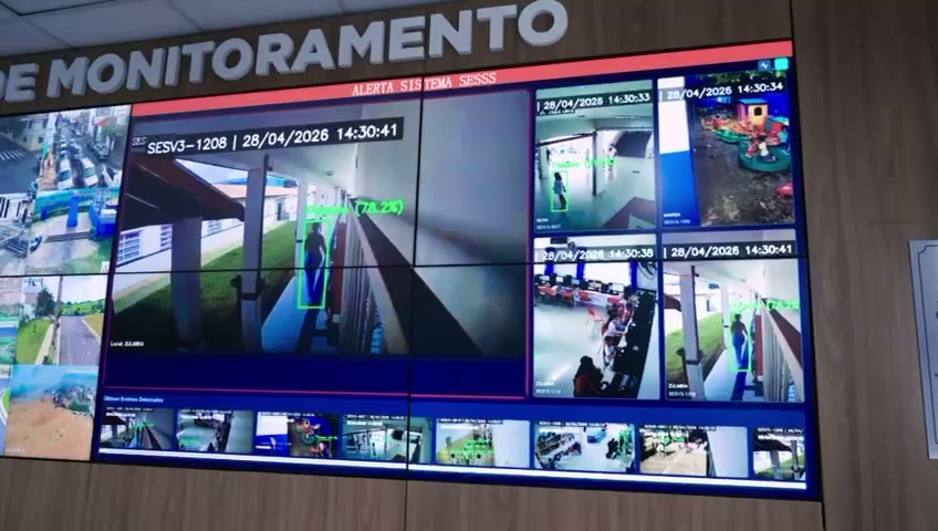 Painel do Centro Integrado de Monitoramento com eventos de movimento marcados nas câmeras